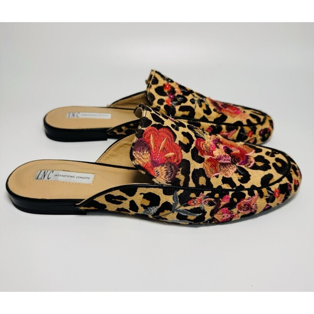 INC Women's Leopard Floral Embroidered Flats Real Calf Hair Mules Shoes 10.5 - Picture 3 of 16